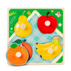 A wooden puzzle board featuring colorful fruit shapes like a lemon, apple, and orange for toddlers.