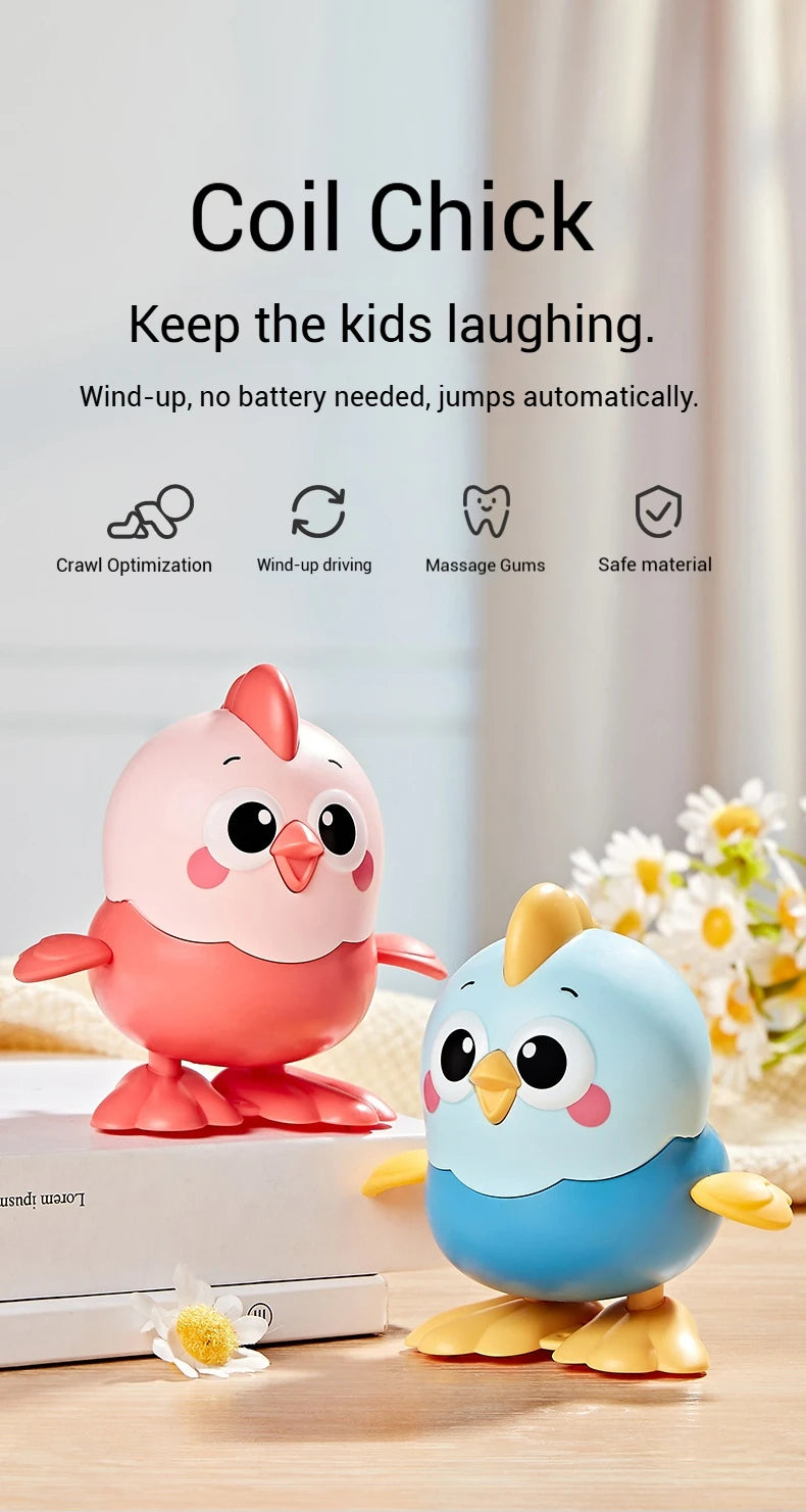 A pink and blue wind-up chick toy is shown on a wooden surface with surrounding text describing its features.