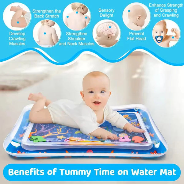 An inflatable water mat for baby activity with various developmental benefits shown in a diagram.