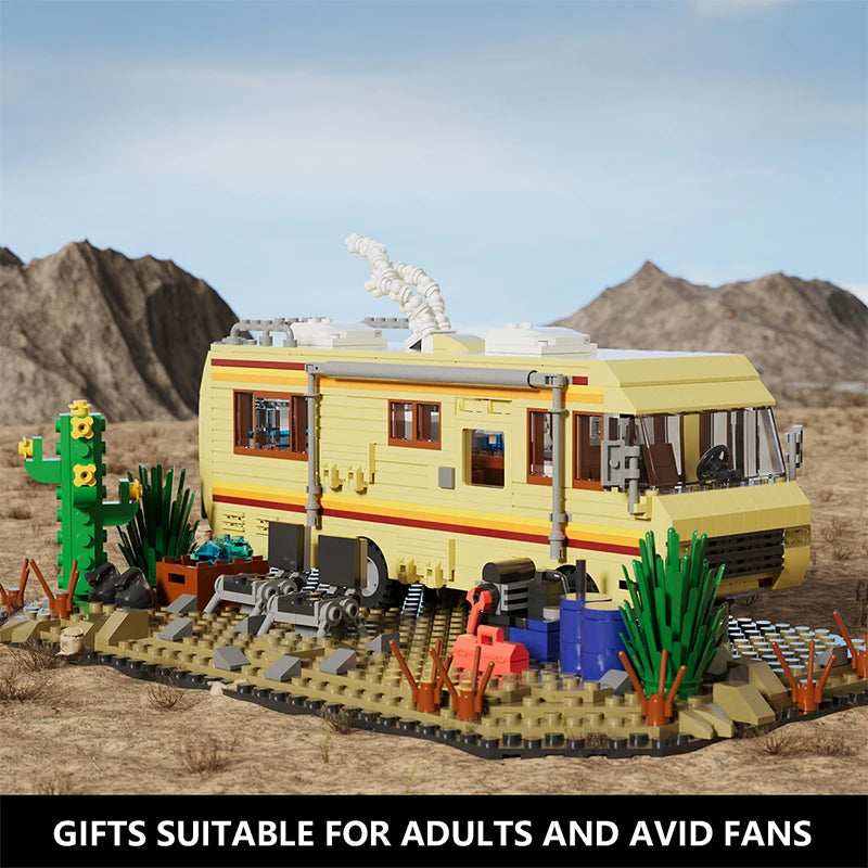 A yellow and white Breaking Bad RV camper bus building block set with desert scenery.