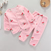 Pink fleece jacket and pants set for a baby with a cartoon print of red cherries