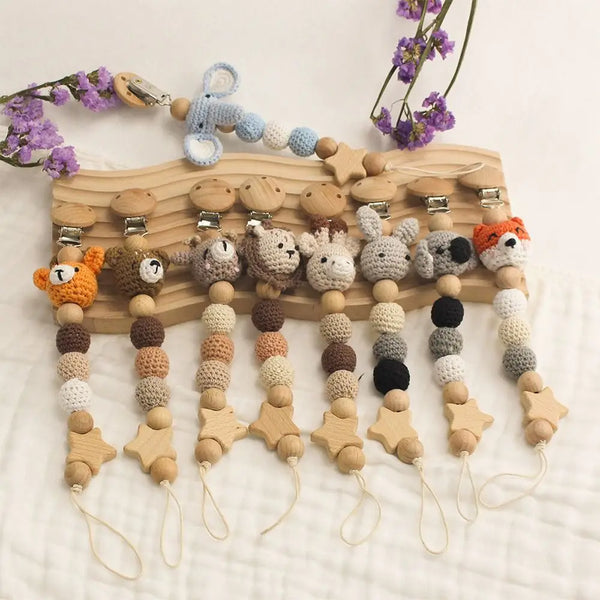 Wooden Baby Pacifier Clip with Crochet Charms