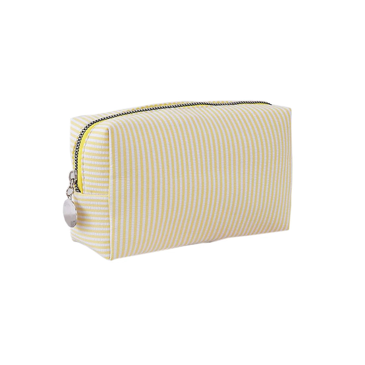 A light yellow and white striped canvas pencil case with a zipper pouch.
