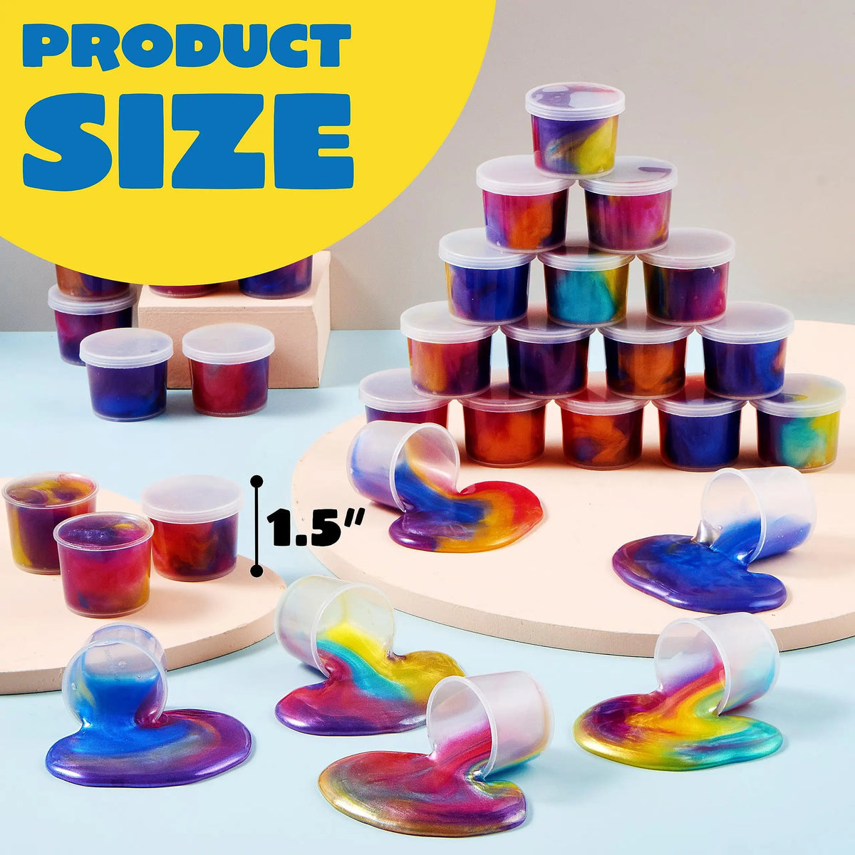 A stack of colorful galaxy slime party favors in various sizes, including small cups and larger molds.