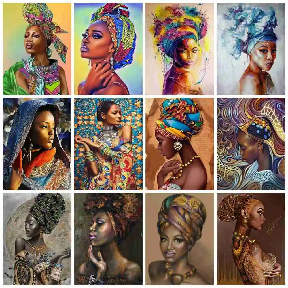 A collage of various stunning black portrait art pieces created using a diamond painting kit.