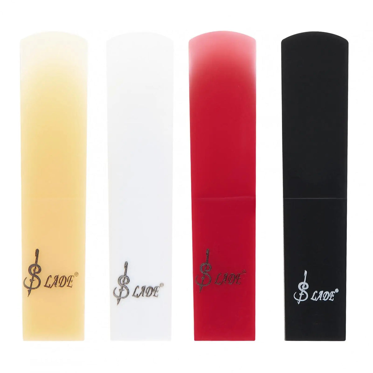 A set of four SLADE resin alto saxophone reeds in shades of yellow, white, red, and black.