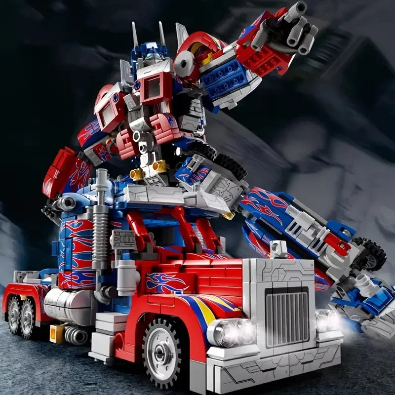 A detailed model of a cartoon vehicle built from puzzle pieces, featuring red and blue colors.