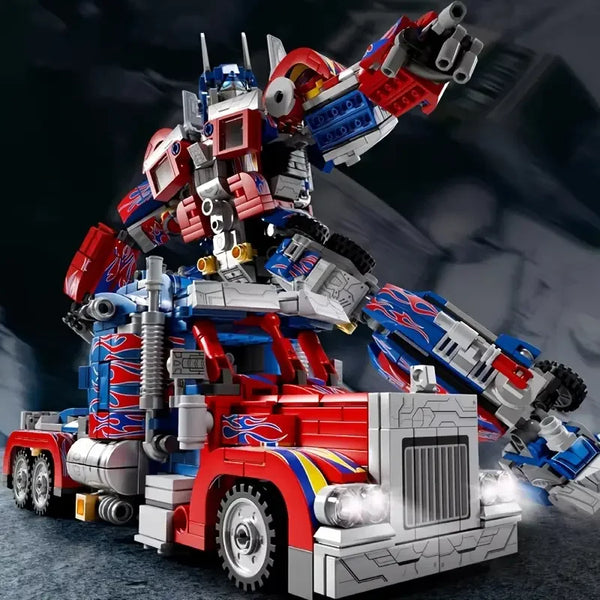 A detailed model of a cartoon vehicle built from puzzle pieces, featuring red and blue colors.