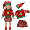 A doll wearing a red and green Christmas themed outfit including a hat, sweater, and skirt.