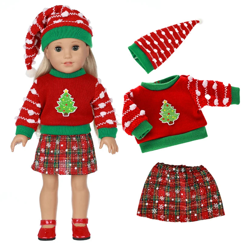 A doll wearing a red and green Christmas themed outfit including a hat, sweater, and skirt.