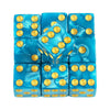 A set of ten blue marble acrylic dice in a pack arranged in a grid.