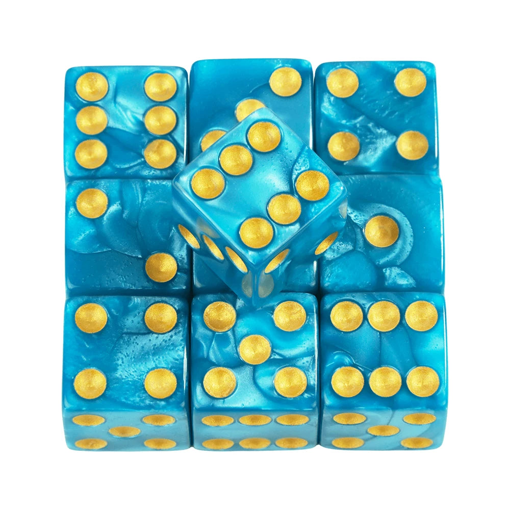 A set of ten blue marble acrylic dice in a pack arranged in a grid.