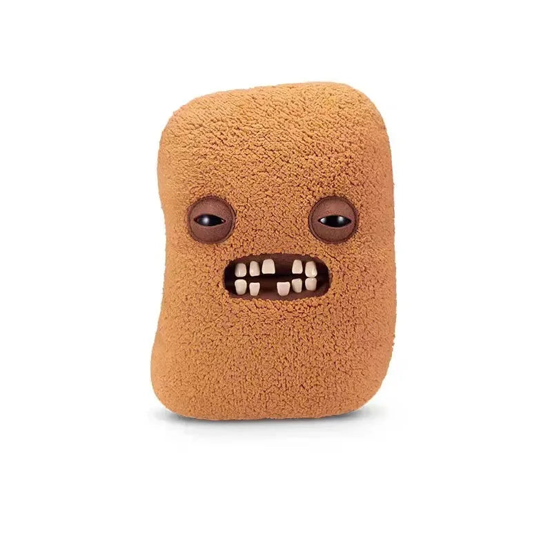 A brown, fuzzy plush toy shaped like a fried chicken nugget monster doll.