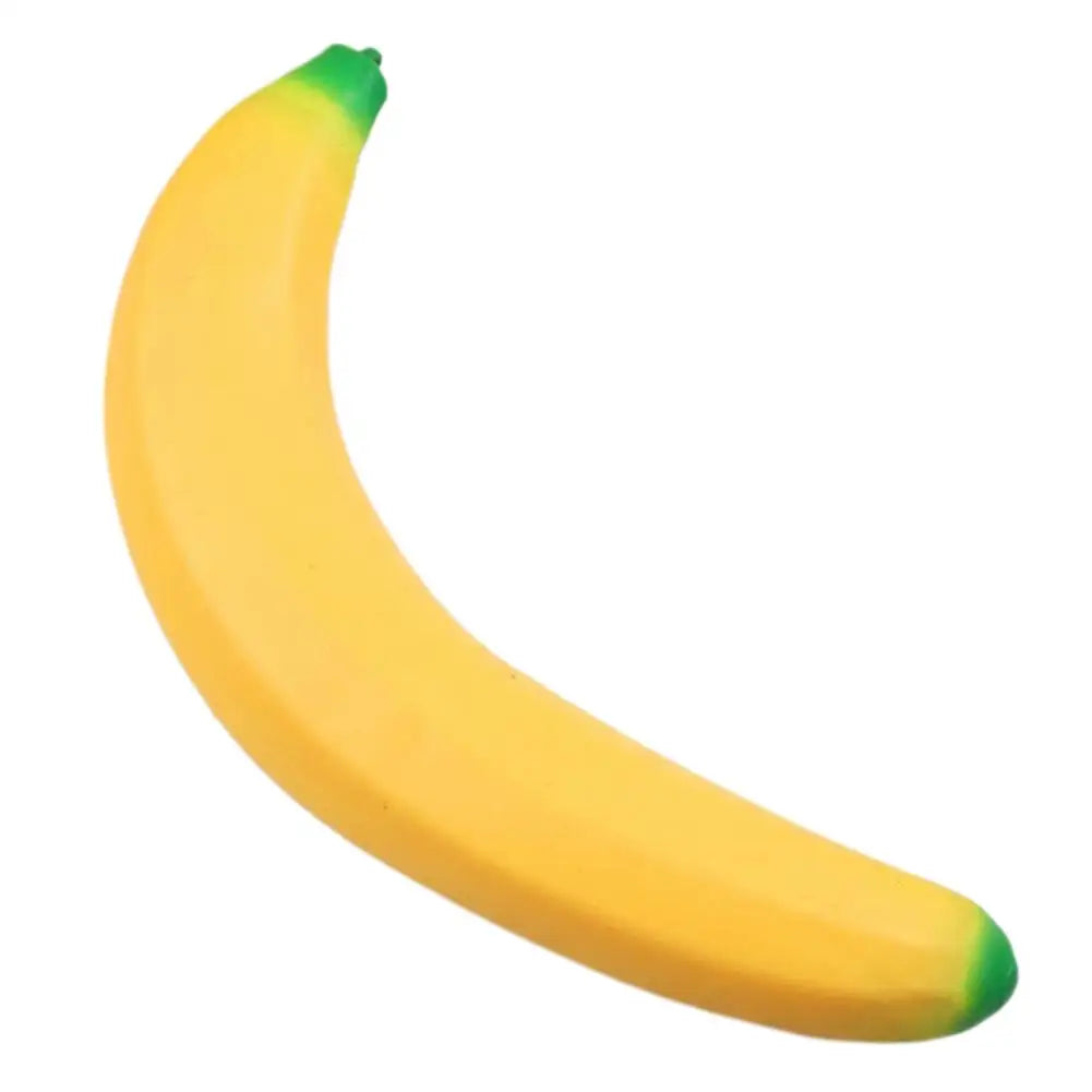 A yellow banana-shaped squishy stress relief toy.