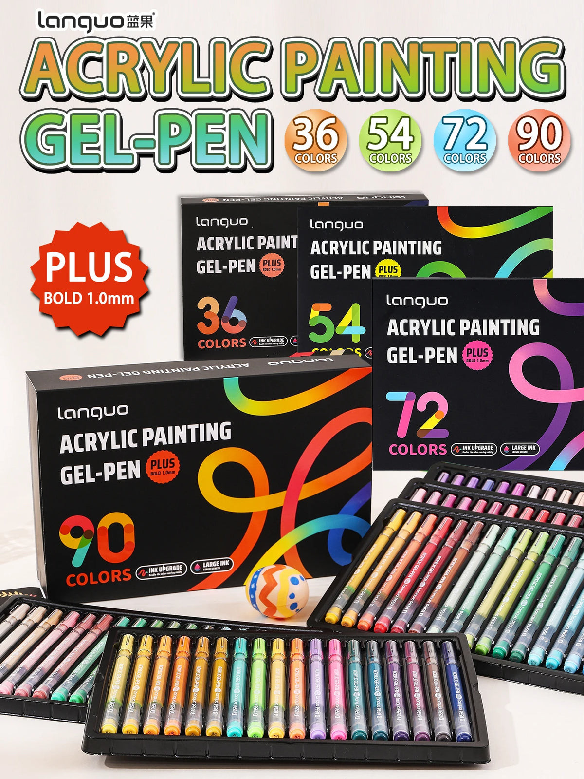 A set of Lanquo Acrylic Painting Gel-Pen markers in various colors and sizes displayed on a white surface.