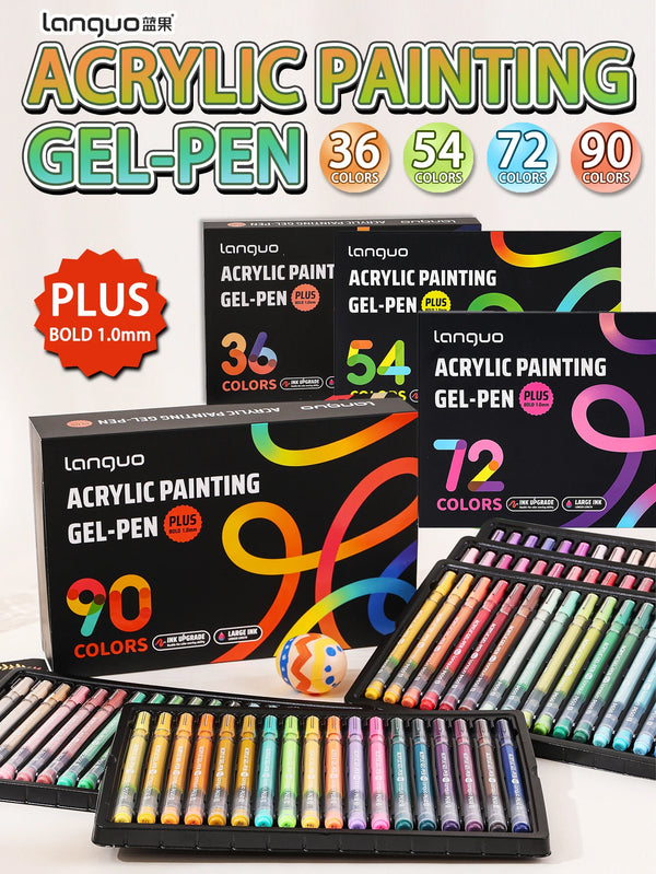 Marcadores de gel para pintura acrílica Lanquo en varios colores y tamaños sobre una superficie blanca.