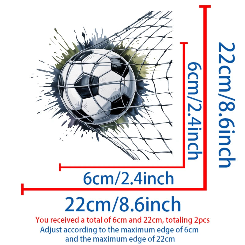 Two iron-on patches featuring a soccer ball splash design, measuring 6cm and 22cm.