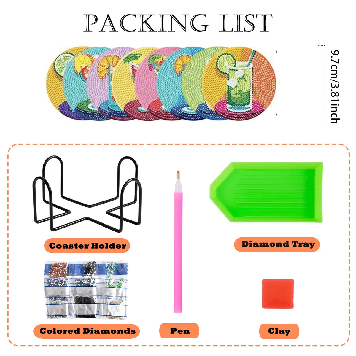 A packing list showing a set of diamond art coasters, a holder, colored diamonds, a pen, and clay.