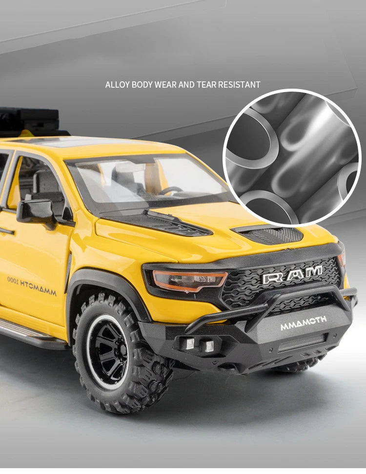 Yellow RAM TRX diecast pickup truck model with black accents and tire tread detail