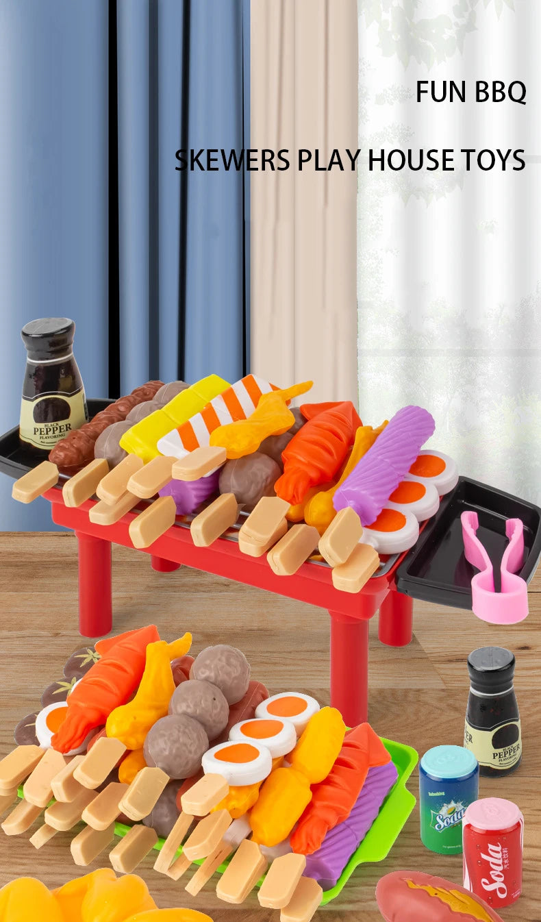 A red BBQ grill set filled with colorful toy food skewers and accessories for kids play