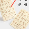 A wooden Montessori letter tracing board showing uppercase and lowercase letters with a red pencil and icons for learning.