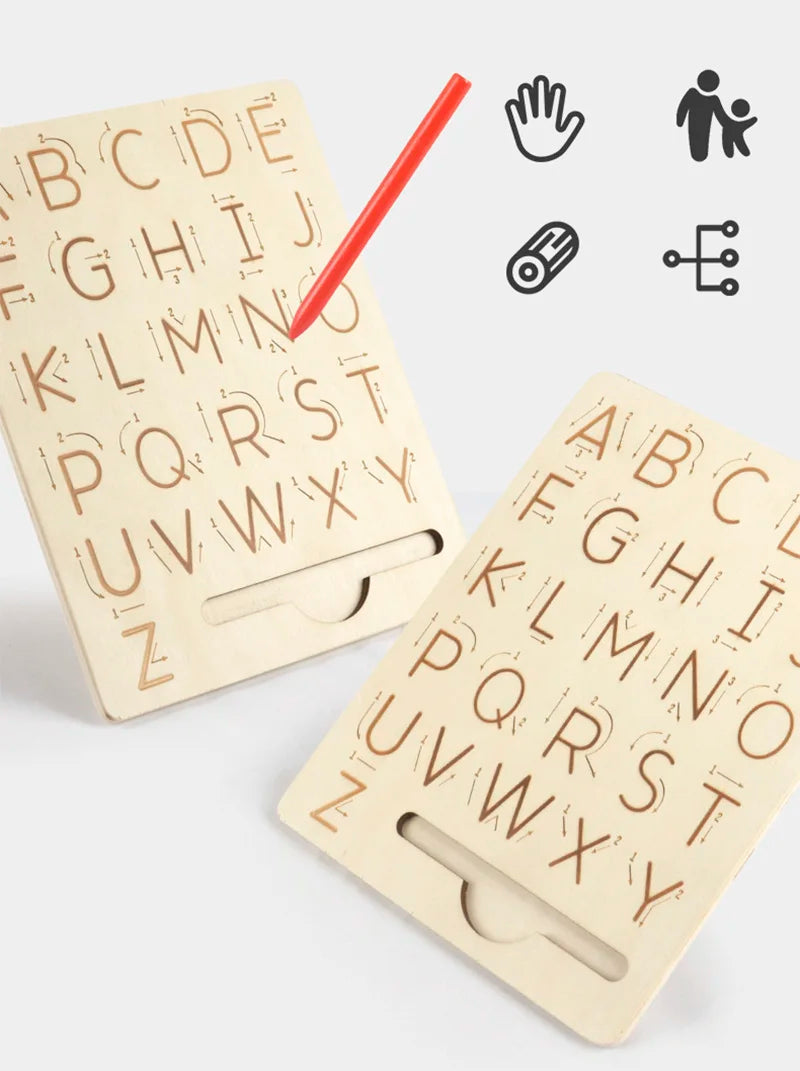 A wooden Montessori letter tracing board showing uppercase and lowercase letters with a red pencil and icons for learning.