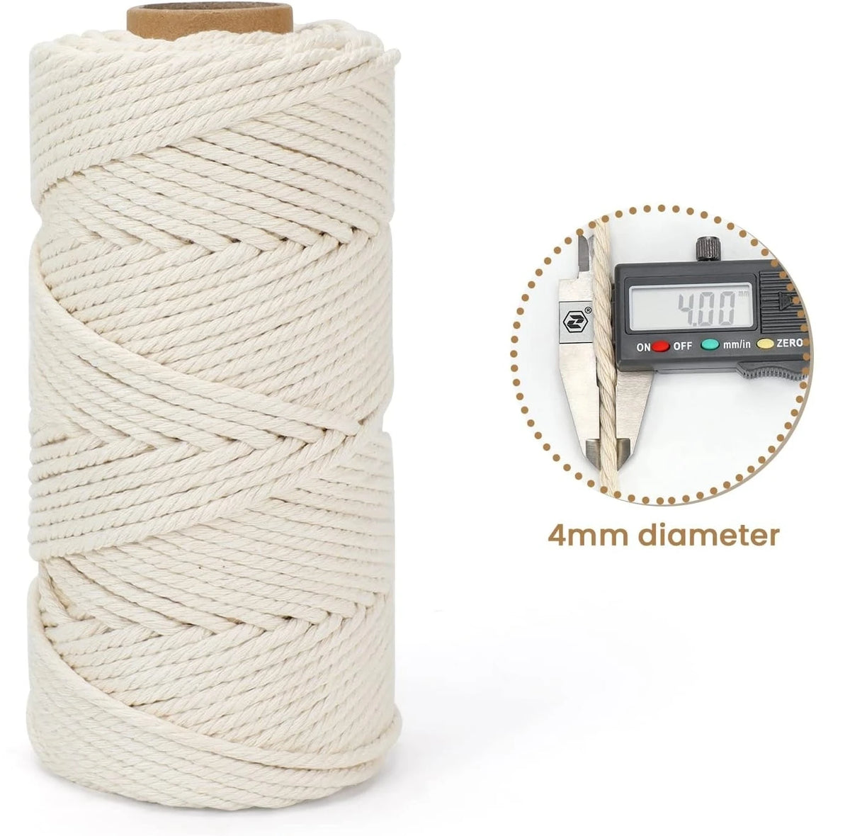 A spool of natural cream-colored cotton macrame rope with a 4mm diameter, showing its twisted texture.