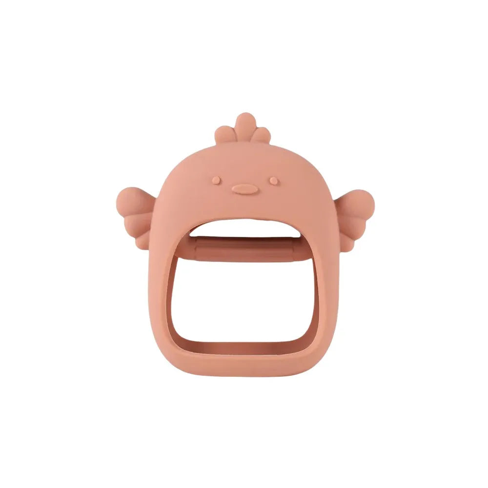A pink silicone teether shaped like a hand for babies.