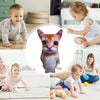 A collage showing a cute cat plush doll in various poses and contexts with children.