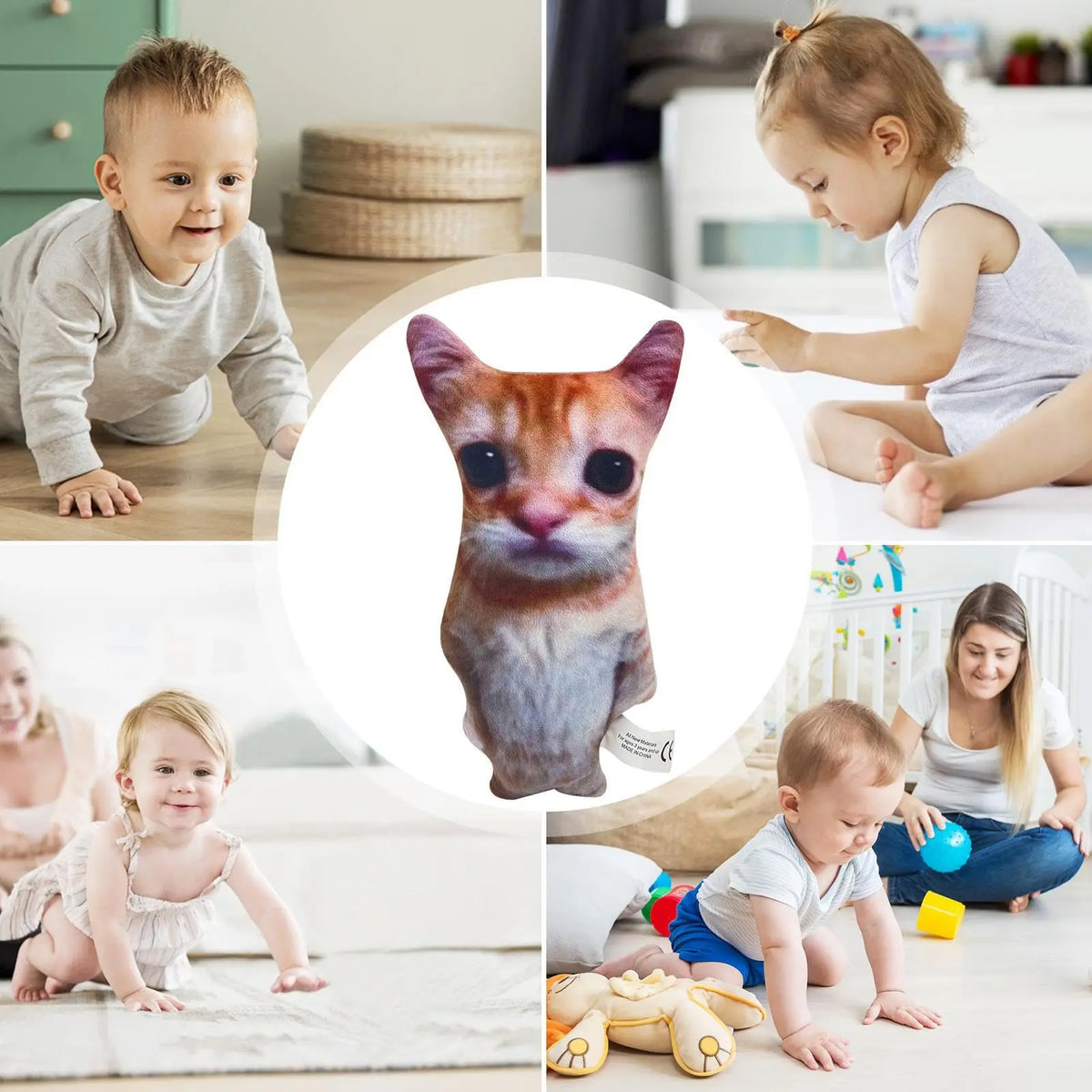 A collage showing a cute cat plush doll in various poses and contexts with children.