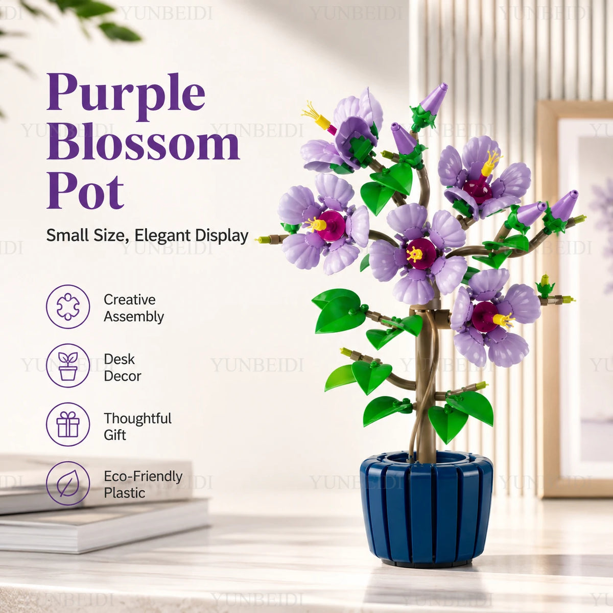 Purple Blossom Pot a small elegant display featuring a vibrant flower plant in a blue pot.