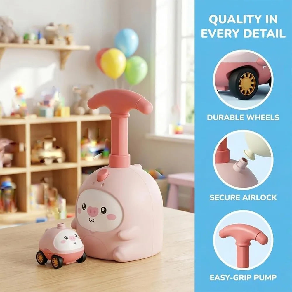 Pink balloon-powered racing car toy with a pump mechanism and durable wheels