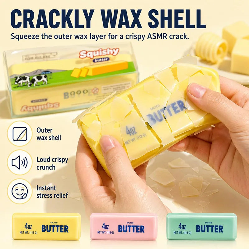 A hand squeezes a yellow butter wax shell for a crispy ASMR crack fidget toy.
