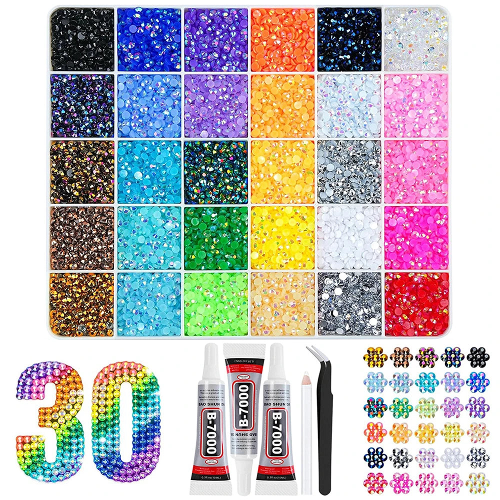 A collection of colorful rhinestone and glitter kits for DIY crafts, including various colored stones and beads.