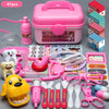 A pink doctor toy set featuring various medical tools like a stethoscope, thermometer, and syringe for pretend play.