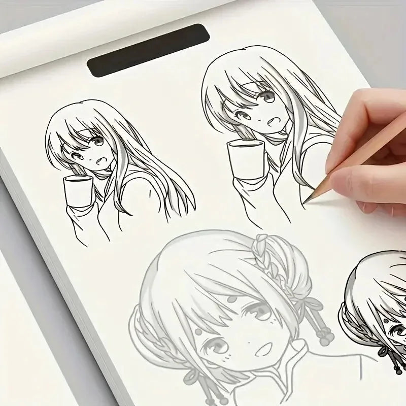 A page from an anime character line art drawing book showing several simple outlines of female characters for tracing and pra