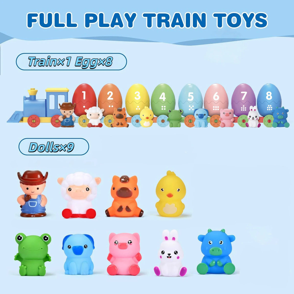 A collection of train toys and farm animal dolls including eggs, various stuffed animals, and colorful figures for play.