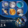 A colorful galaxy cube fidget toy showing planets like Earth, Moon, Saturn, and Uranus.