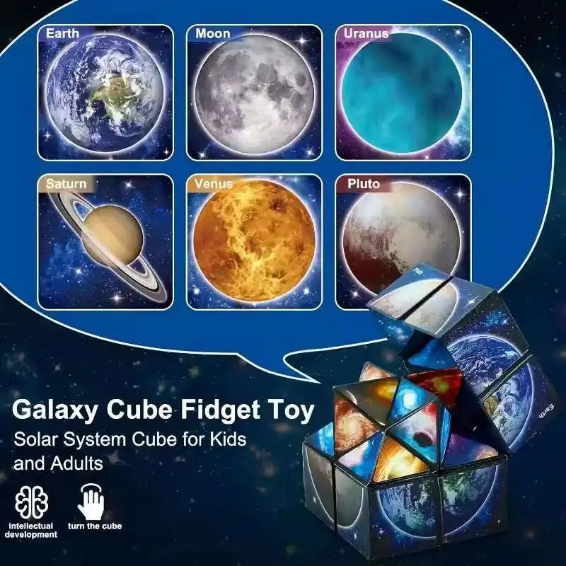 A colorful galaxy cube fidget toy showing planets like Earth, Moon, Saturn, and Uranus.