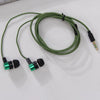 A black and green wired earbud set with a coiled cable and two earbuds resting on a white surface.
