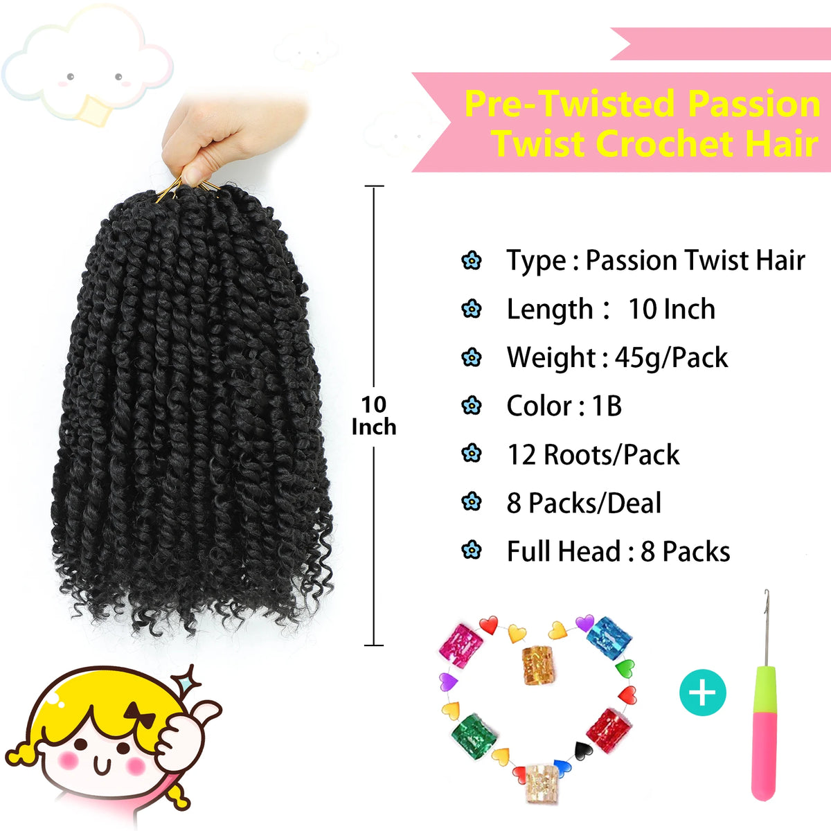 Black pre-twisted passion twist crochet hair sold in 8 packs for women