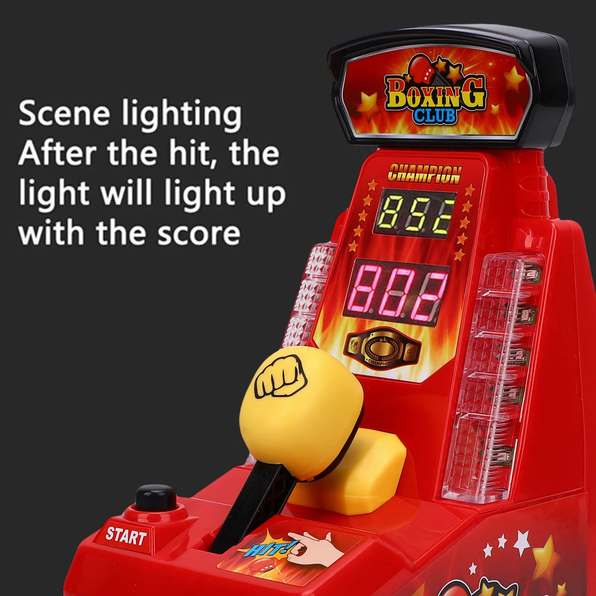 A red interactive finger boxing machine with an LED display showing a score and championship title.