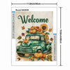 A diamond painting featuring a vintage green truck surrounded by pumpkins and autumn leaves with the word Welcome