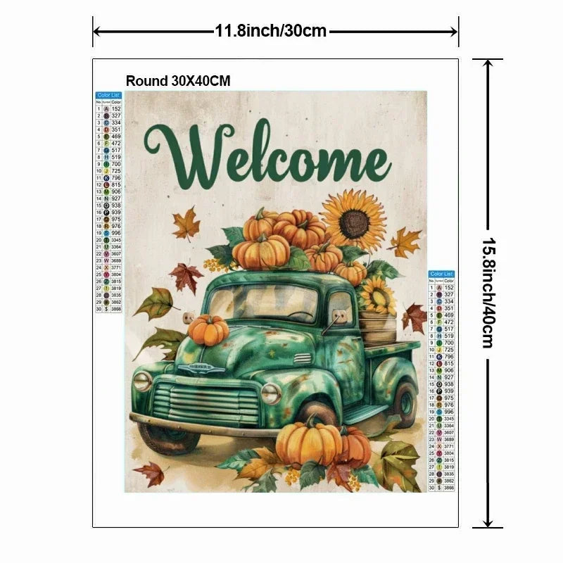A diamond painting featuring a vintage green truck surrounded by pumpkins and autumn leaves with the word Welcome