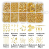 A clear plastic organizer case filled with various gold-colored jewelry making supplies including beads wire findings and too