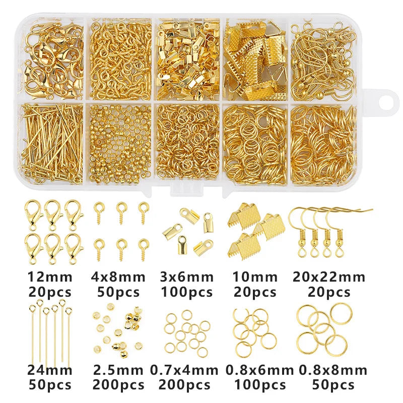 A clear plastic organizer case filled with various gold-colored jewelry making supplies including beads wire findings and too