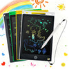 A black 8.5-inch LCD writing tablet for kids with a white stylus pen is shown next to a colorful rainbow and sun.