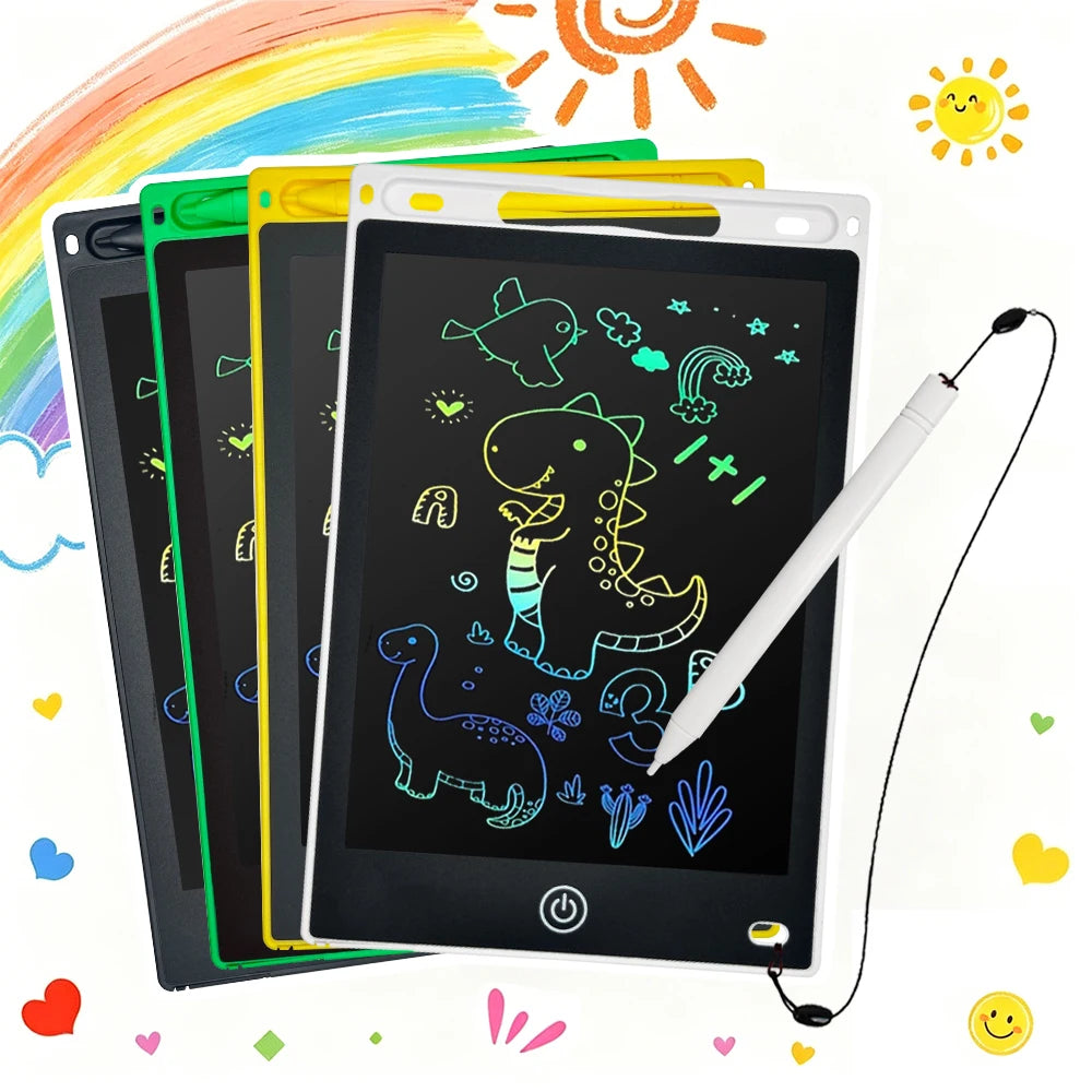 A black 8.5-inch LCD writing tablet for kids with a white stylus pen is shown next to a colorful rainbow and sun.