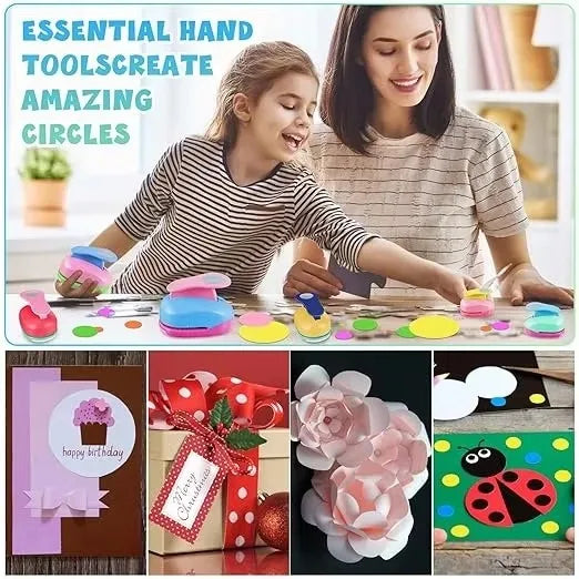 A young girl and woman are shown using a multi-size paper hole punch for crafting projects.