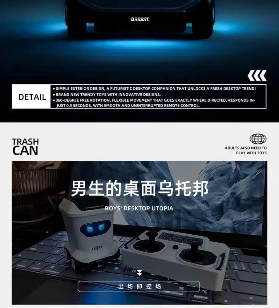 A white remote control car toy is shown on a laptop keyboard, demonstrating its function as a desktop companion.